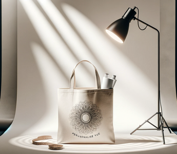 Affichage élégant et simple d'un tote bag personnalisé avec un design unique, sur un fond minimaliste évoquant un studio de mode.